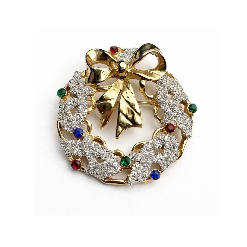 Vintage Christmas Wreath Diamond Rhinestone Brooch Pin Gold Tone Red Green